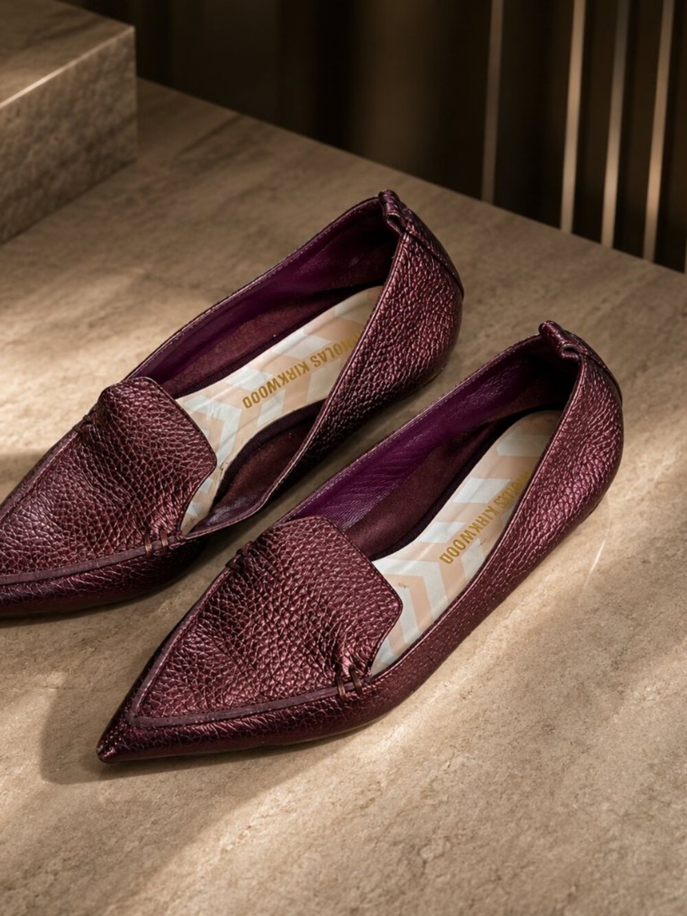 Nicholas Kirkwood Beya Pointed Toe Loafer Flats Metallic Burgundy Size 35 US 5